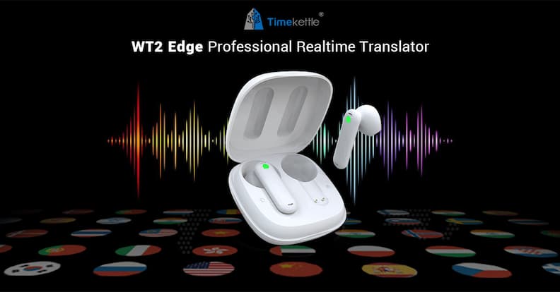 Timekettle WT2 Edge translator earbuds with charging case displayed for comparison with Timekettle W4 translation earbuds.