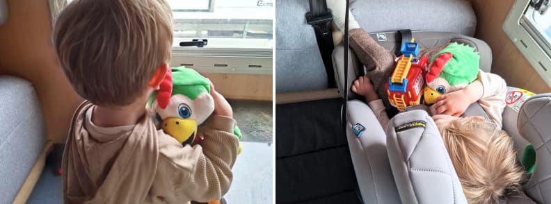Toddler hugging the Foire de Brignoles mascot Galinou while packing, then sleeping in a car seat holding the plush toy and a firetruck.