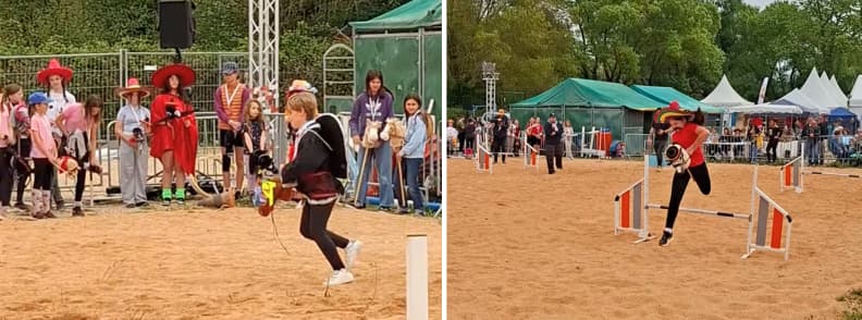 Children competing in a hobby horse competition at the Foire de Brignoles Village Cavalier arena.