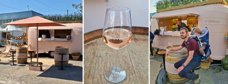 Rosé wine truck serving glasses of Coteaux Varois en Provence wine at the Foire de Brignoles outdoor area.