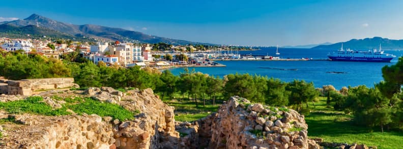 Aegina coastline with port and sea view during an Athens 3 island cruise day trip