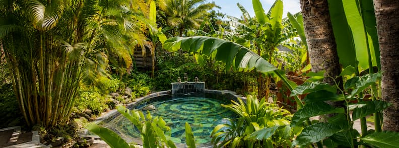 Lush tropical garden with circular hot tub surrounded by banana trees at Lodge Roche Tamarin in La Réunion.