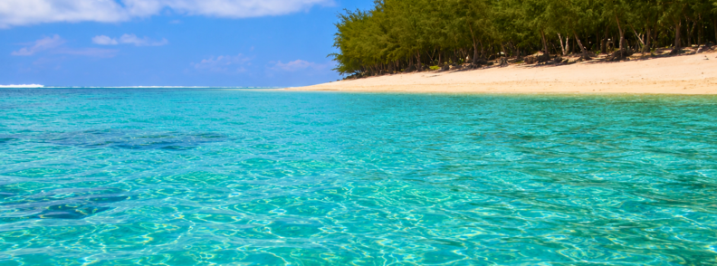 View of the turquoise lagoon and golden beach in Saint-Gilles, La Réunion, with clear shallow water and pine-lined sand under a bright sky.