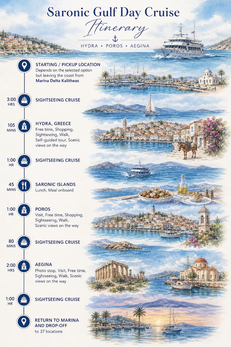 Watercolor itinerary of a Hydra Poros Aegina cruise showing a Saronic islands day trip from Athens with stops, timings, and island highlights
