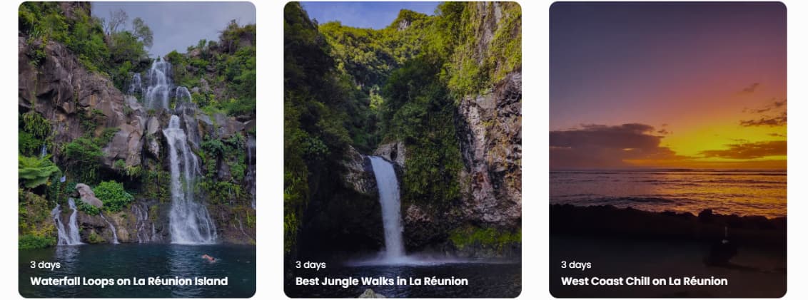 la reunion itinerary guide road trip itineraries reunion Collection of curated La Réunion itineraries featuring waterfall loops, jungle walks, and west coast road trip routes inside an interactive travel guide.