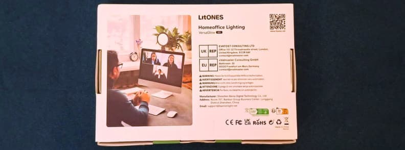 LitONES VersaGlow V01 review showing the back of the product packaging with the clip-on lighting setup used for video calls and remote work.