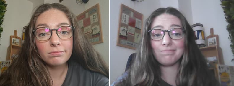 LitONES VersaGlow V01 review comparing smartphone and webcam lighting with glasses glare during low-light video call testing using a portable creator light.