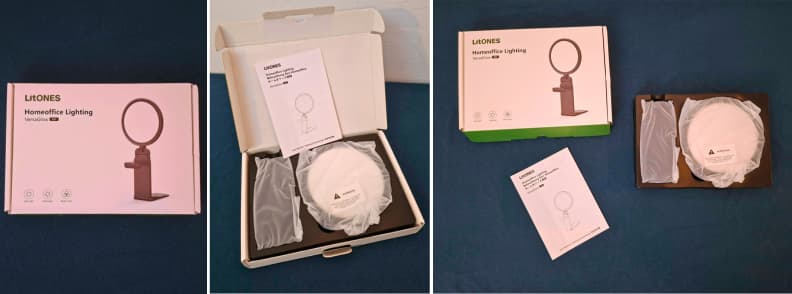 LitONES VersaGlow V01 review showing the unopened box, internal packaging, instruction manual, folded stand, and portable creator light during unboxing.