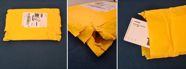 LitONES VersaGlow V01 review showing the damaged yellow shipping envelope and the product box during the unboxing process after delivery.
