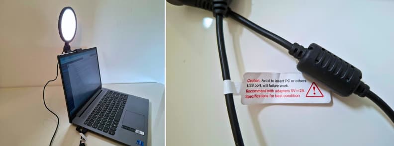 LitONES VersaGlow V01 review showing the clip-on light attached to a laptop beside the USB cable warning label during a remote-work lighting test.