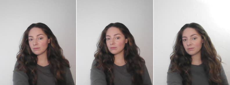 Comparison of webcam image quality using natural daylight, LitONES VersaGlow V01 with daylight, and artificial room light with VersaGlow V01 during a travel creator lighting test.