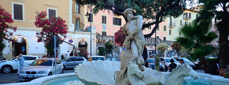 Fontana del Dio Nettuno in Piazza Giuseppe Mazzini in Nettuno Italy Lazio province Fontana del Dio Nettuno in Piazza Giuseppe Mazzini, with Neptune standing above a shell and sea horses in central Nettuno, Italy.