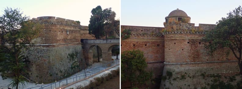 visit Forte Sangallo Nettuno Fortress and Historic Bastions Two views of Forte Sangallo in Nettuno, showing the brick bastions, defensive walls, arched entrance, and rounded corner towers.