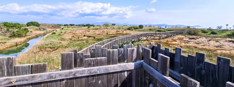 Raised wooden Villepey trail crossing the wetlands beside a narrow lagoon channel at Les Étangs de Villepey near Saint-Aygulf.