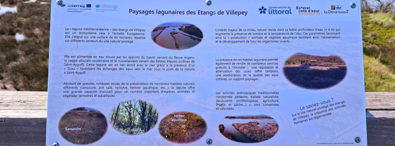 Information panel explaining the lagoon habitats, biodiversity and conservation of Les Étangs de Villepey in Saint-Aygulf, Fréjus.