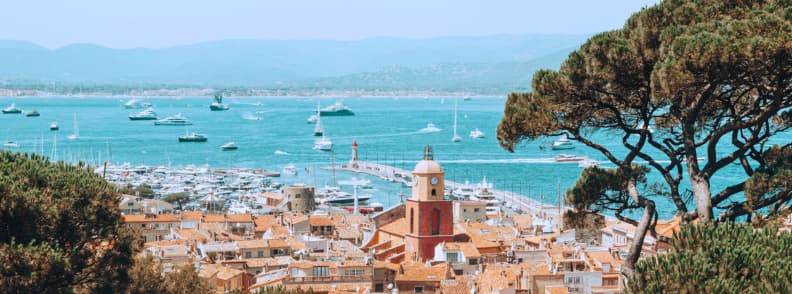 Panoramic view of Saint-Tropez old town and harbor, a popular stop on French Riviera private tours from Nice
