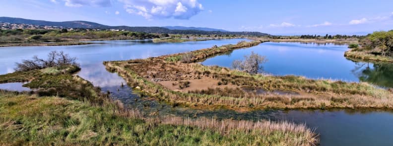 Elevated view over the Étangs de Villepey lagoons, reed beds and wetland channels along the Villepey hiking trail near Saint-Aygulf.