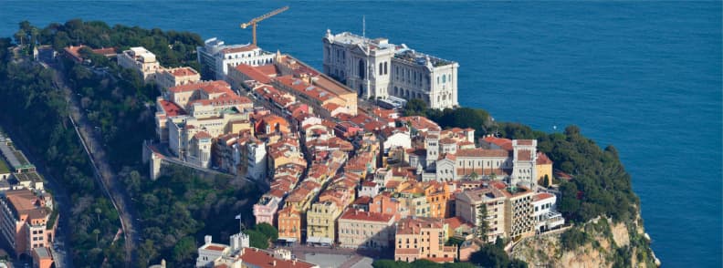 Monaco Ville Le Rocher and Oceanographic Museum Aerial view of Monaco-Ville on Le Rocher with the Oceanographic Museum overlooking the Mediterranean Sea