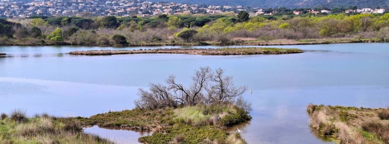 Protected lagoons, wetland islands and Mediterranean vegetation at the Étangs de Villepey near Saint-Aygulf and Fréjus.