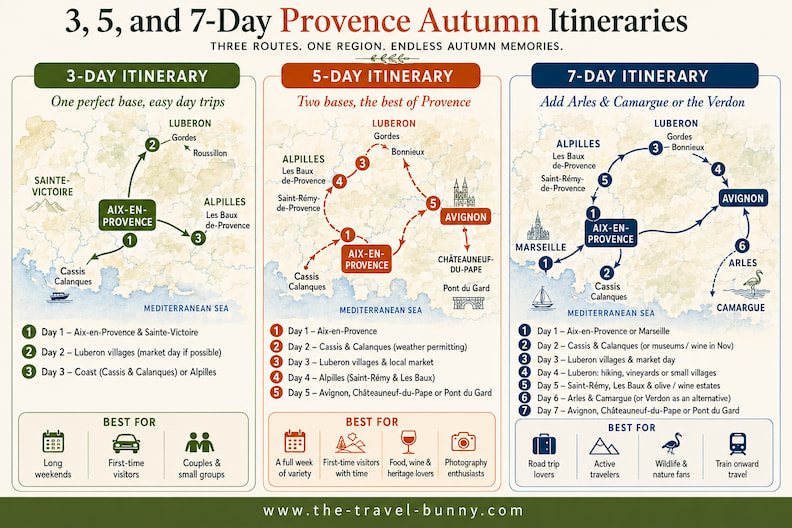 Provence Autumn Itineraries 3 5 and 7 Day Route Map Provence autumn itineraries map comparing 3 day 5 day and 7 day routes through Aix-en-Provence Cassis the Luberon Alpilles Avignon Arles and Camargue.
