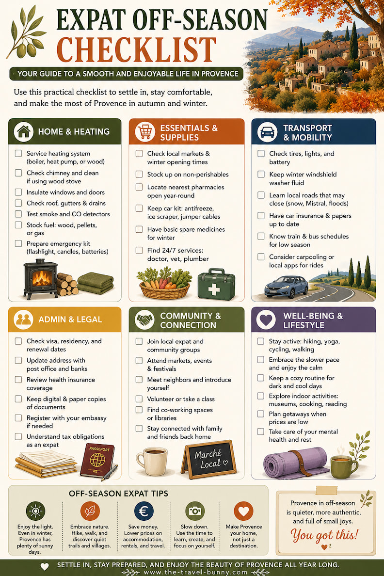Provence Expat Autumn Housing and Off Season Checklist Expat off-season checklist for Provence covering autumn housing, heating, local services, transport, paperwork, community life, and seasonal routines.