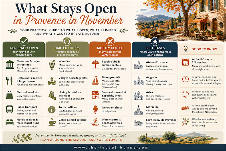 What Stays Open in Provence in November Travel Guide What stays open in Provence in November infographic comparing year-round attractions, reduced seasonal hours, closures, transport, restaurants, hotels, and the best late-autumn bases.