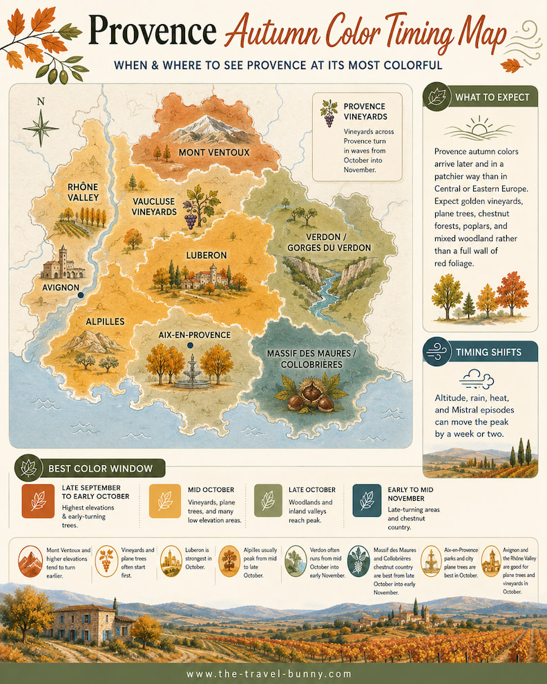 Where to Go in Provence in Autumn Color Timing Map Provence autumn color timing map showing Mont Ventoux, the Luberon, Alpilles, Verdon, Rhône Valley, Vaucluse vineyards, Aix-en-Provence, Avignon, and Collobrières.