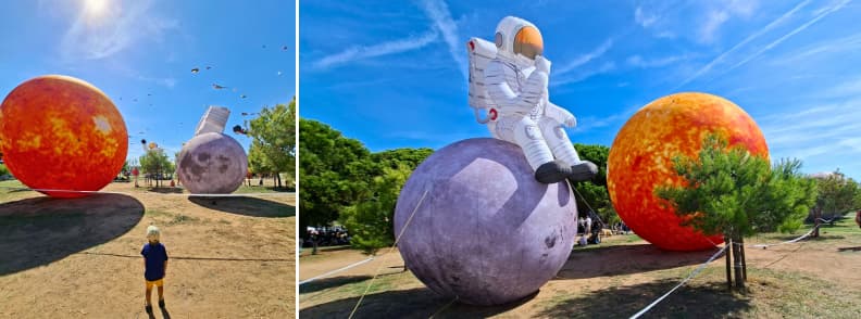 Frejus Air Festival Cloud Kisser Drone Zone Activities Giant astronaut, moon and planet installations at the Fréjus International Air Festival, with my child walking through the activity area at Base Nature François Léotard.