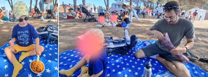 Frejus Air Festival Family Picnic at Base Nature My husband and 2-year-old son having a picnic under the pine trees during the Fréjus International Air Festival at Base Nature François Léotard.