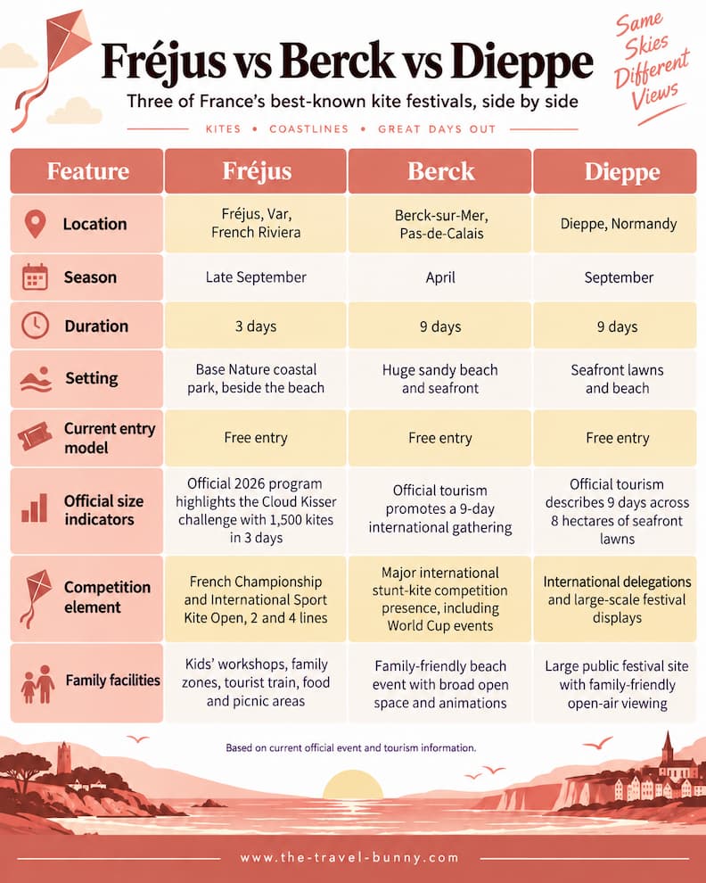 Frejus Berck Dieppe Kite Festival Comparison France Comparison table of the Fréjus, Berck-sur-Mer and Dieppe international kite festivals in France, covering location, season, duration, setting, free entry, event scale, competition and family facilities.