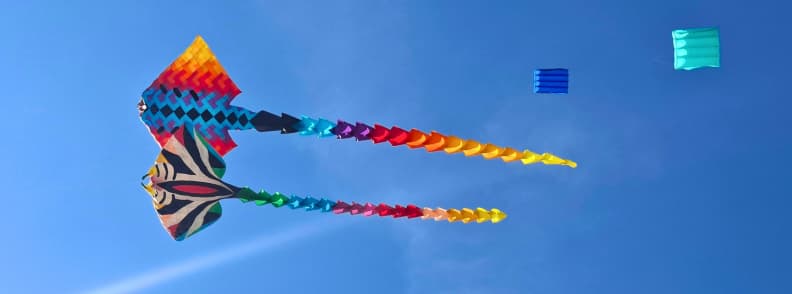 Frejus Kite Festival Worth Visiting Giant Kites Review Two colorful long-tailed kites flying high in a clear blue sky at the Fréjus International Air Festival above Base Nature François Léotard.