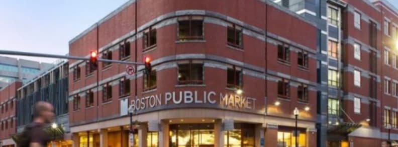 Boston Public Market Downtown Boston Haymarket Exterior of Boston Public Market at 100 Hanover Street in downtown Boston near Haymarket.