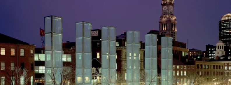 New England Holocaust Memorial Boston Freedom Trail Six illuminated glass towers of the New England Holocaust Memorial along the Freedom Trail in downtown Boston.