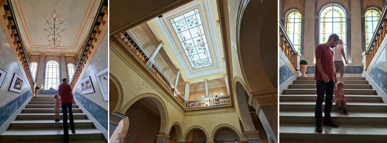 Villa Aurelienne Frejus Grand Staircase and Glass Roof Three interior views of Villa Aurélienne in Fréjus, showing its grand marble staircase, stained-glass windows, glass-roofed central hall, and visitors during the photography festival.