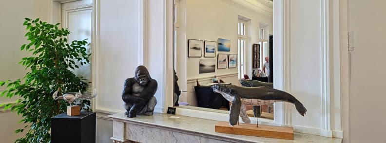 Villa Aurelienne Frejus Mirror Reflections and Art Large mirror inside Villa Aurélienne in Fréjus reflecting framed photography exhibits, with a gorilla sculpture on a marble mantelpiece and other artworks in the foreground.