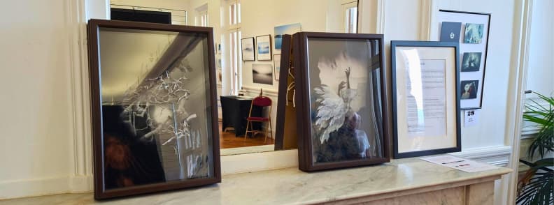 Yuri Seki IKEI Photography Villa Aurelienne Frejus Yuri Seki’s IKEI photomontage exhibition at Villa Aurélienne in Fréjus, featuring layered photographic compositions in wooden frames beside an artist statement on a marble mantel.